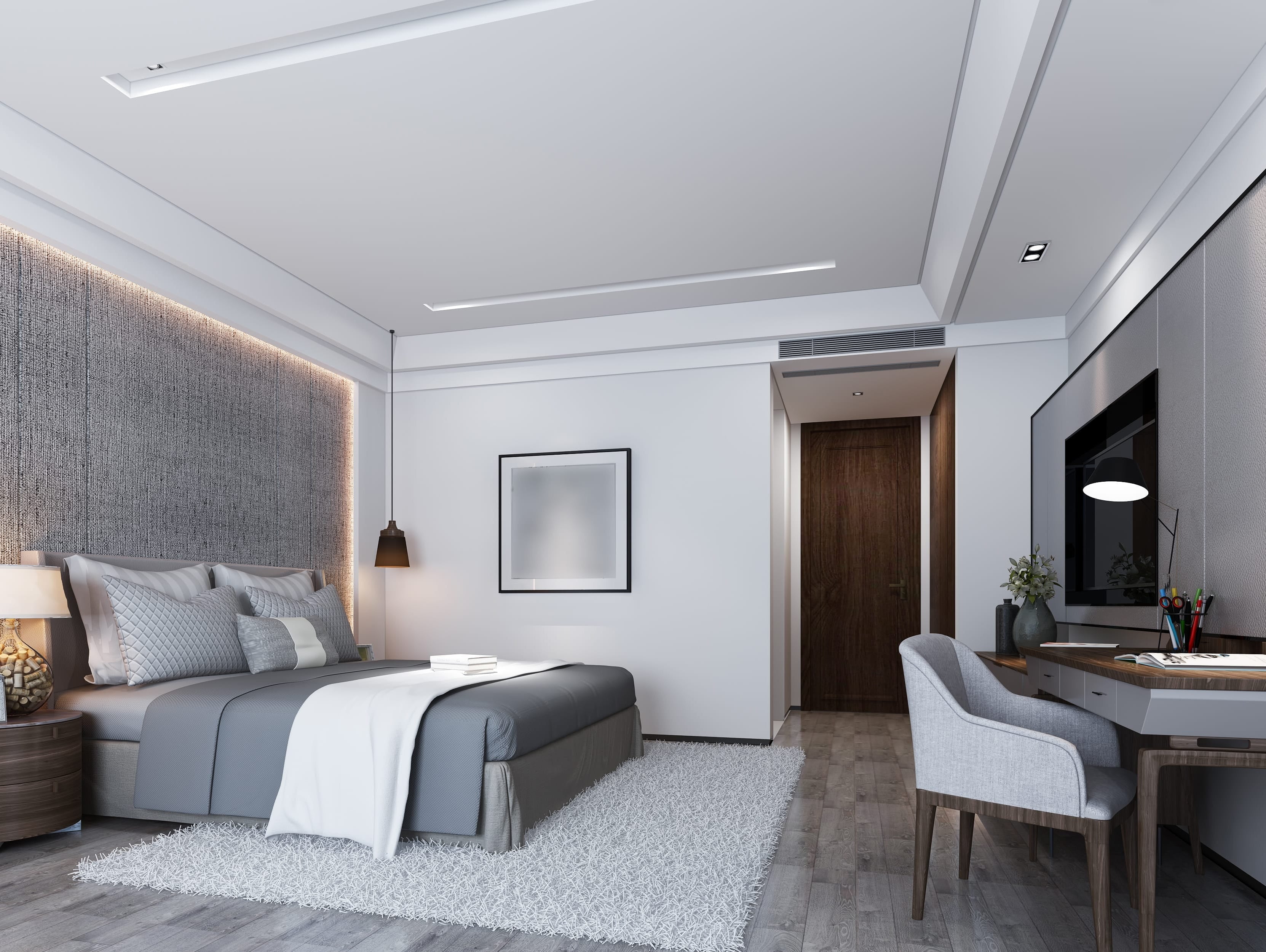 Modern gray storage bed design with an upholstered bed, textured wall, and built-in vanity desk.