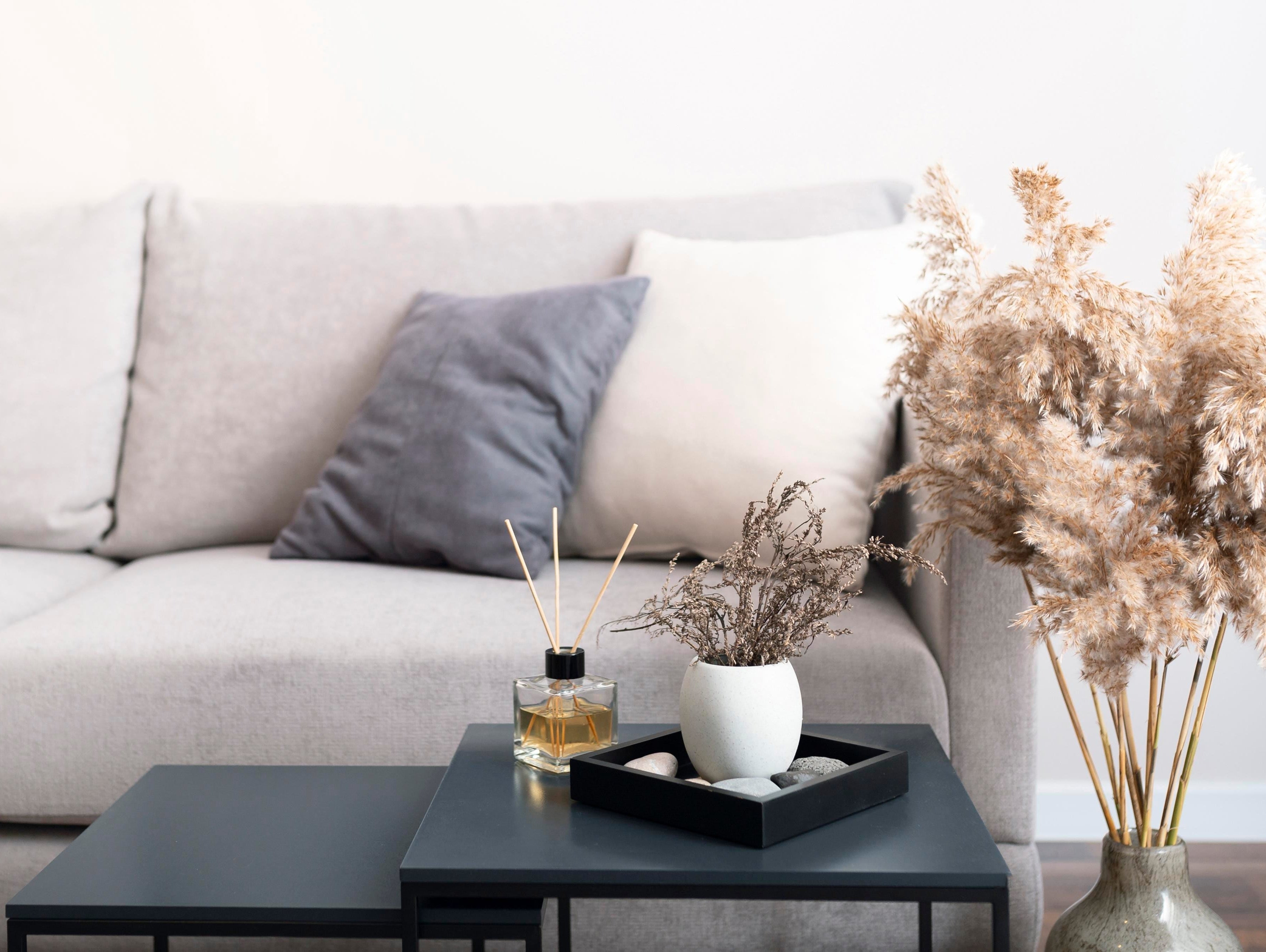 Modern living room decor featuring a grey sofa, black coffee tables, and a vase of tall pampas grass.