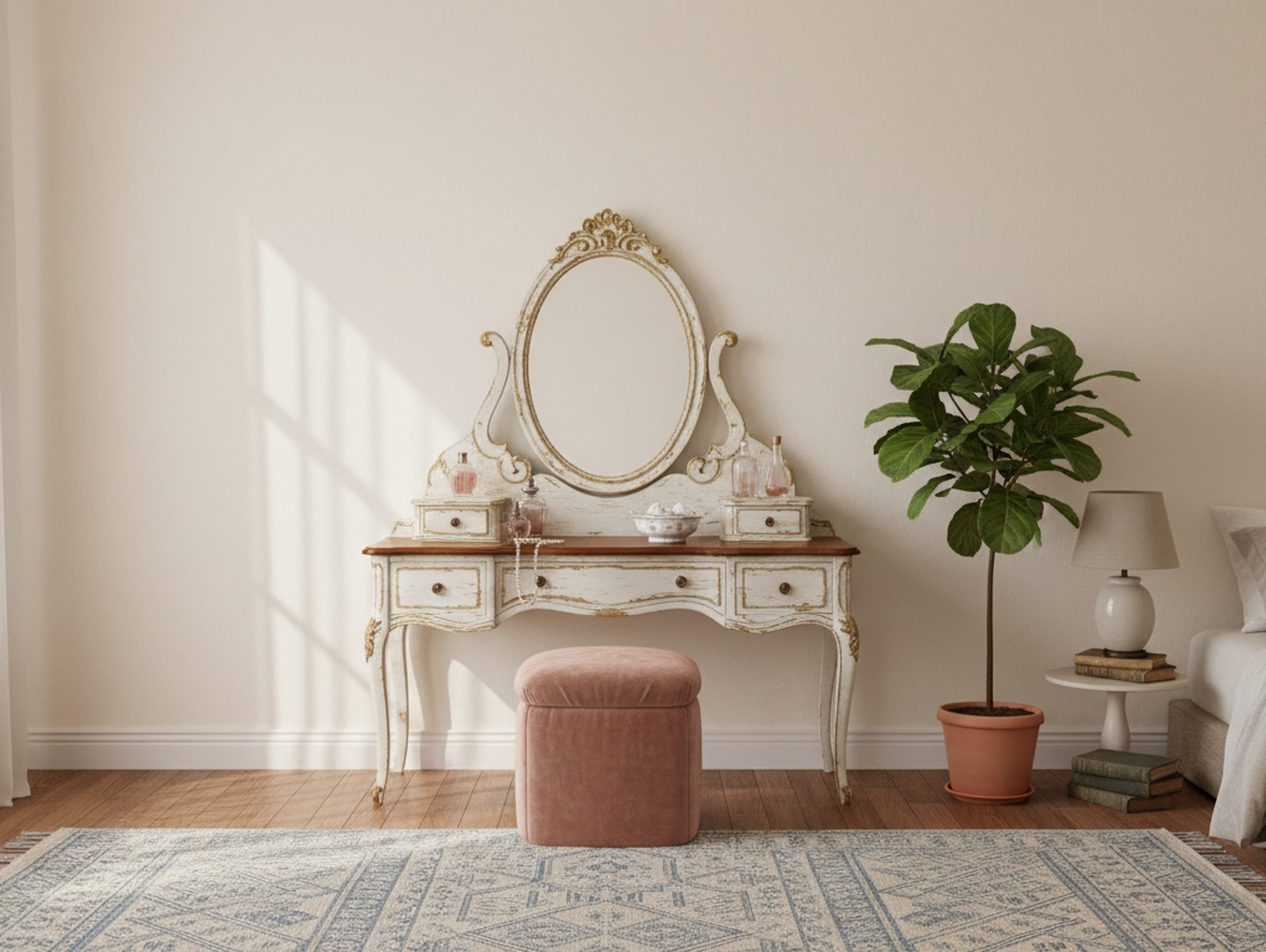 Vintage white wooden dressing table with an oval mirror and pink velvet stool in a bright, cozy bedroom.
