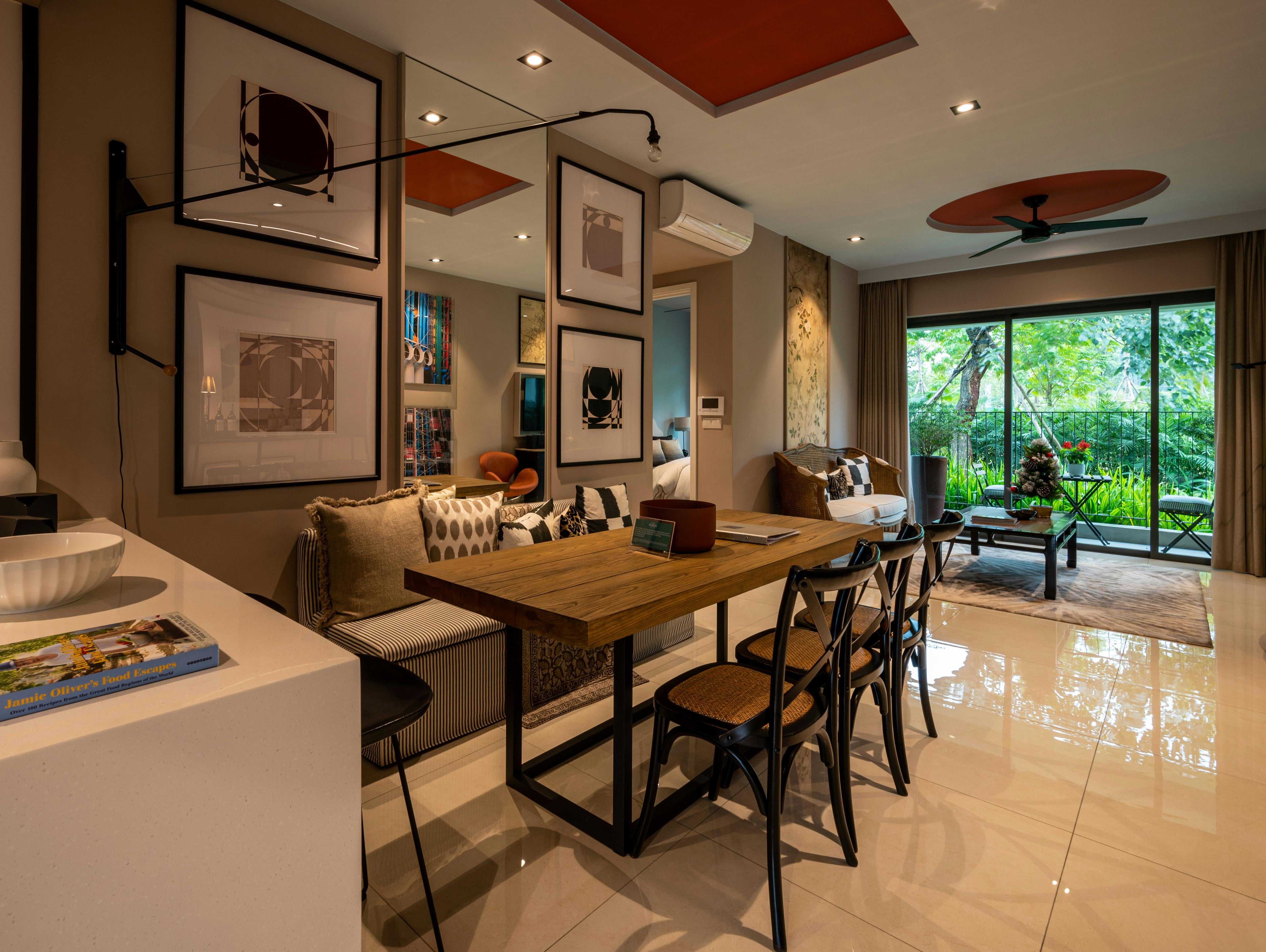 A modern wooden dining table set in a Singaporean HDB dining area