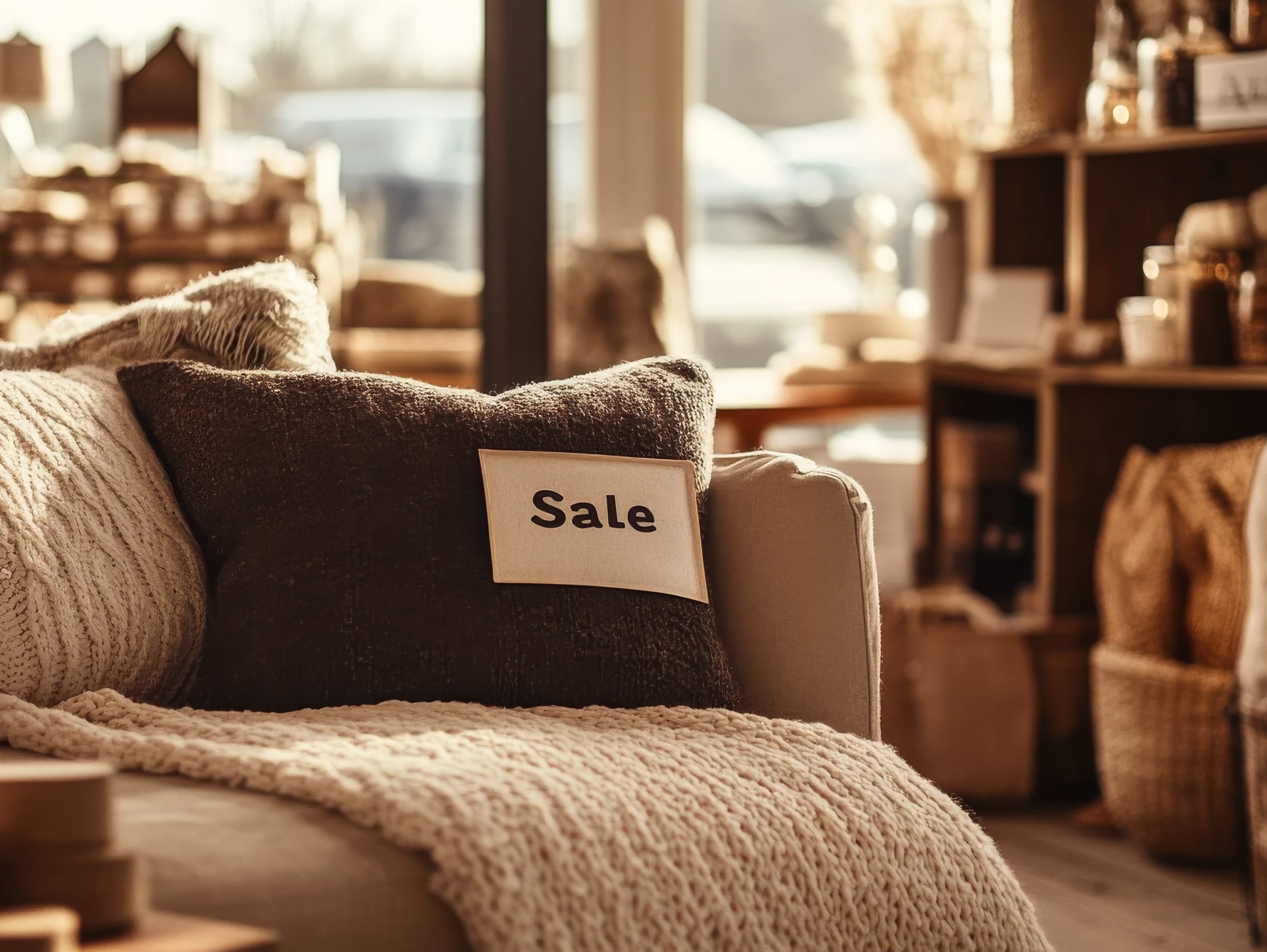Sale sign displayed on upholstered furniture in a warm retail setting
