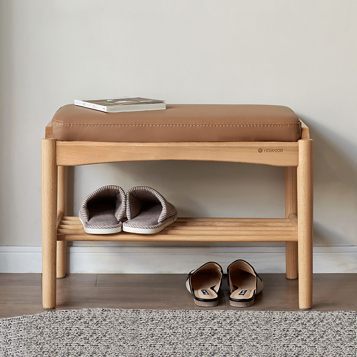 Shinta Shoe Bench With Faux Leather Cushion - IUIGA