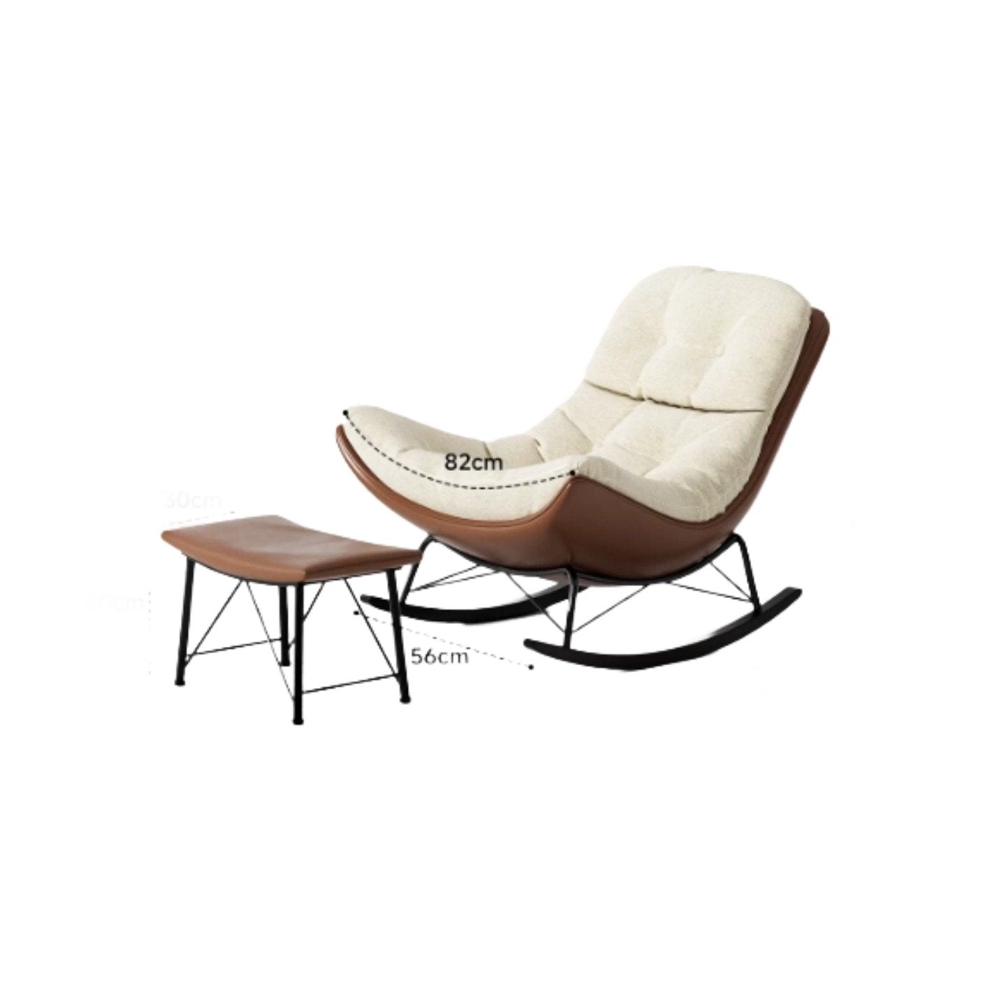 Edie rocking chair with stool in soft beige chenille fabric with a curved ergonomic frame and matching footstool, viewed from the front on a white background