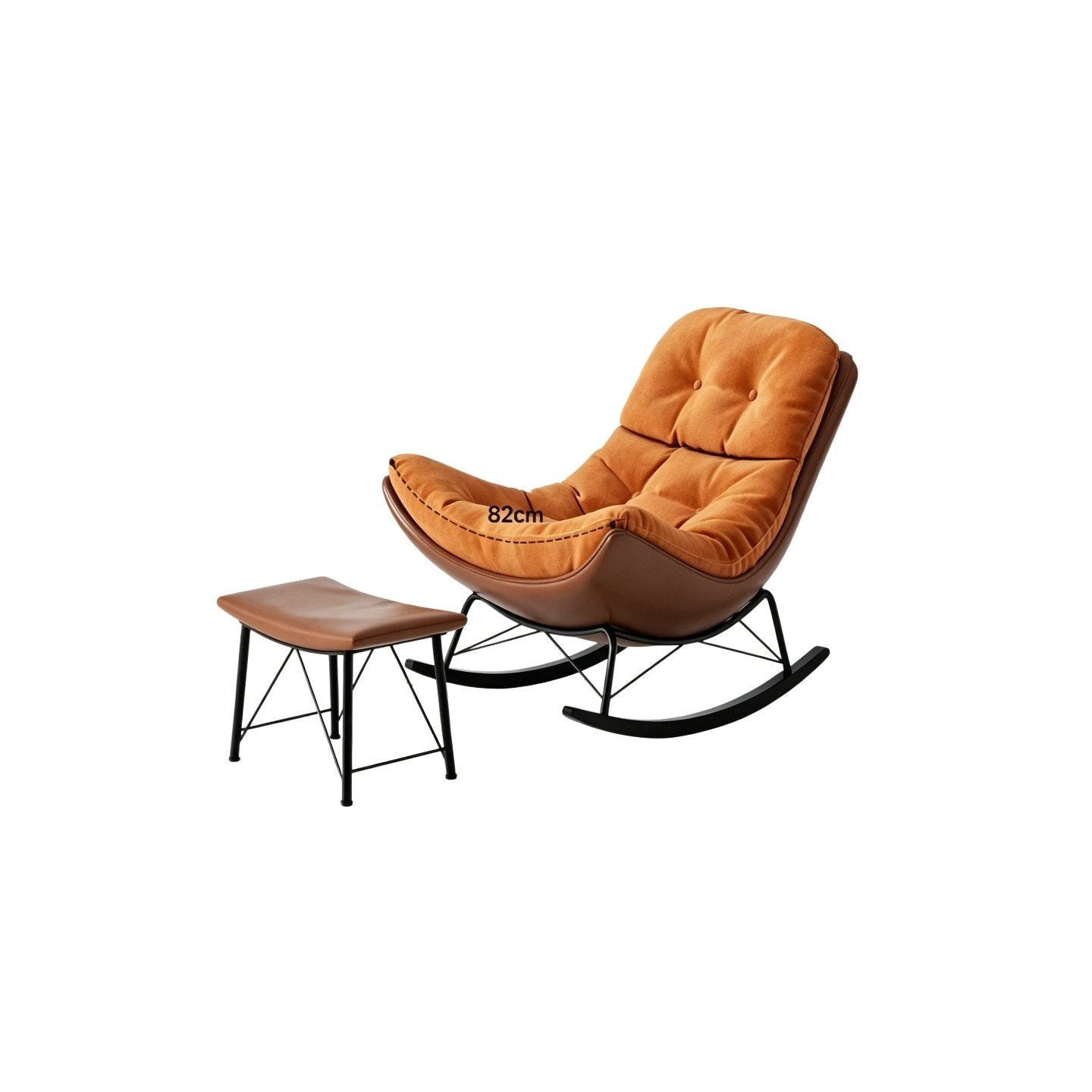 Edie rocking chair with stool in warm orange chenille fabric with a curved ergonomic frame and matching footstool, viewed from the front on a white background