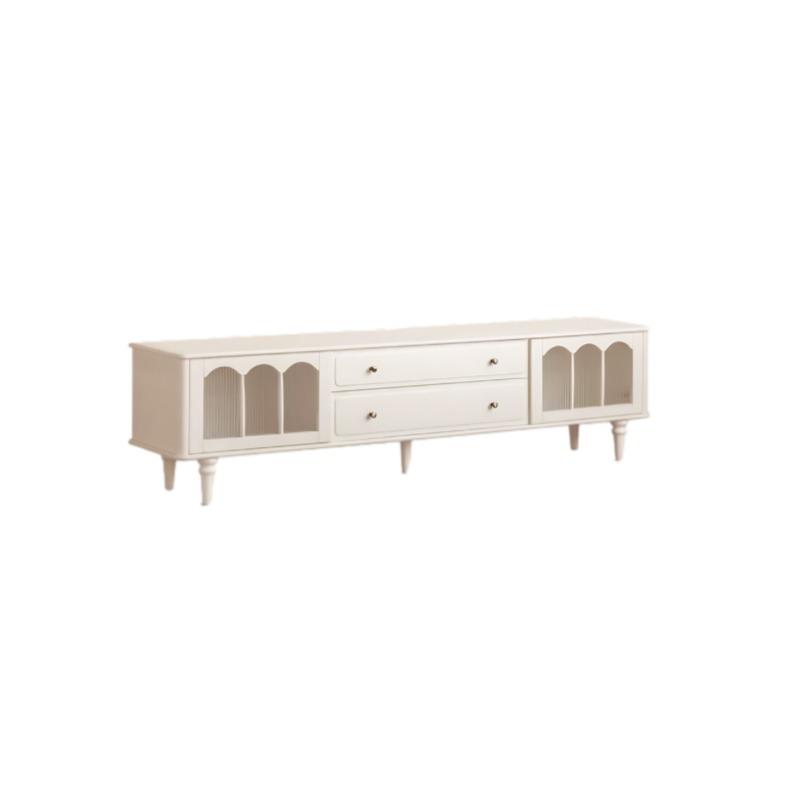 Emily TV console in white with arched glass cabinet doors and brass hardware, front view on white background