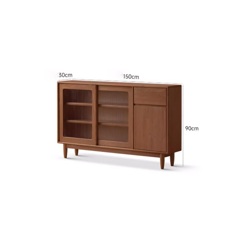 Gladys sideboard in brown oak, full cabinet view with dimensions on white background