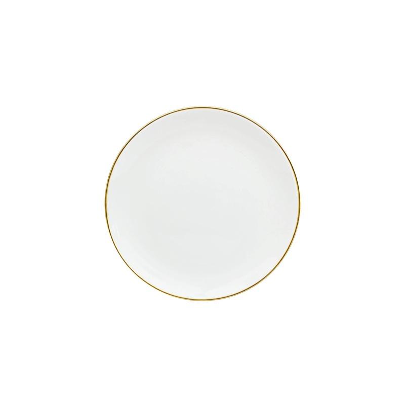 Gold-rimmed flat plate in white, full plate view on white background