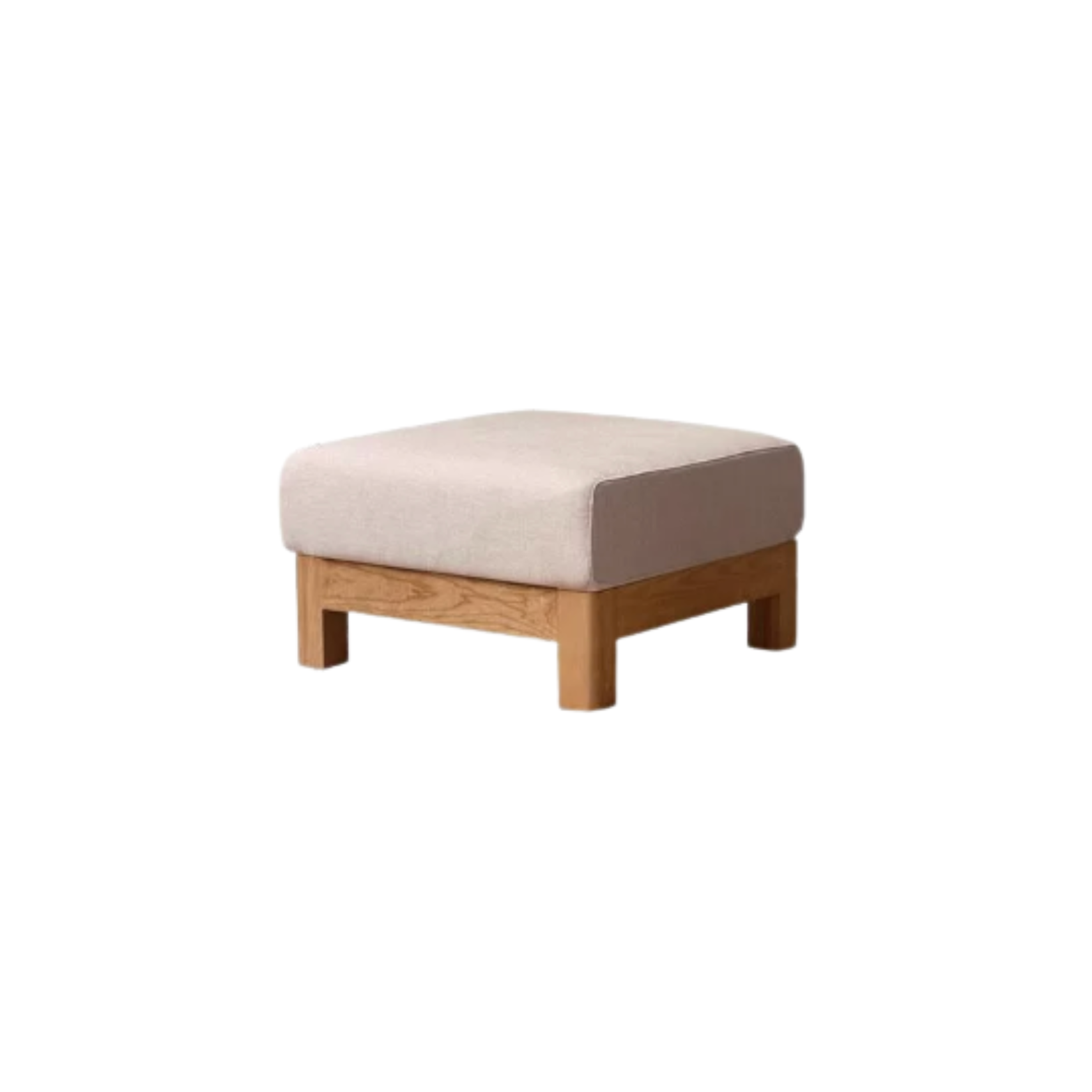 Japandi solid wood sofa ottoman in beige, side angle view on white background