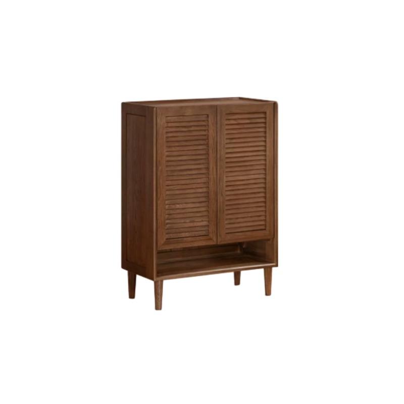 Vivian shoe rack in walnut with louvred doors and open bottom shelf, front view on white background