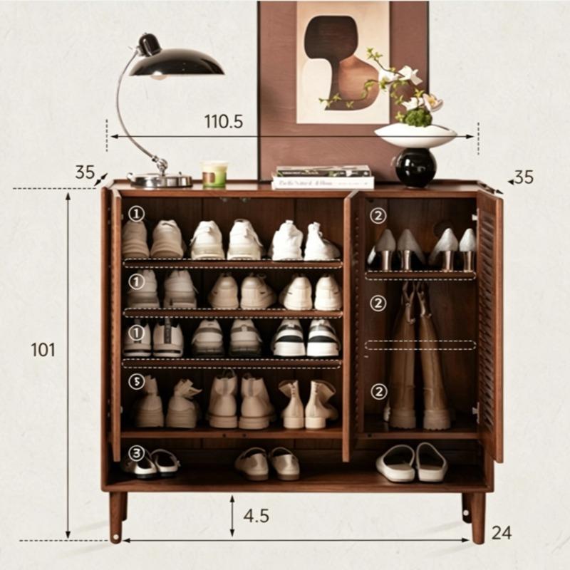 Interior view of Vivian shoe rack showing adjustable shelves fully loaded with shoes