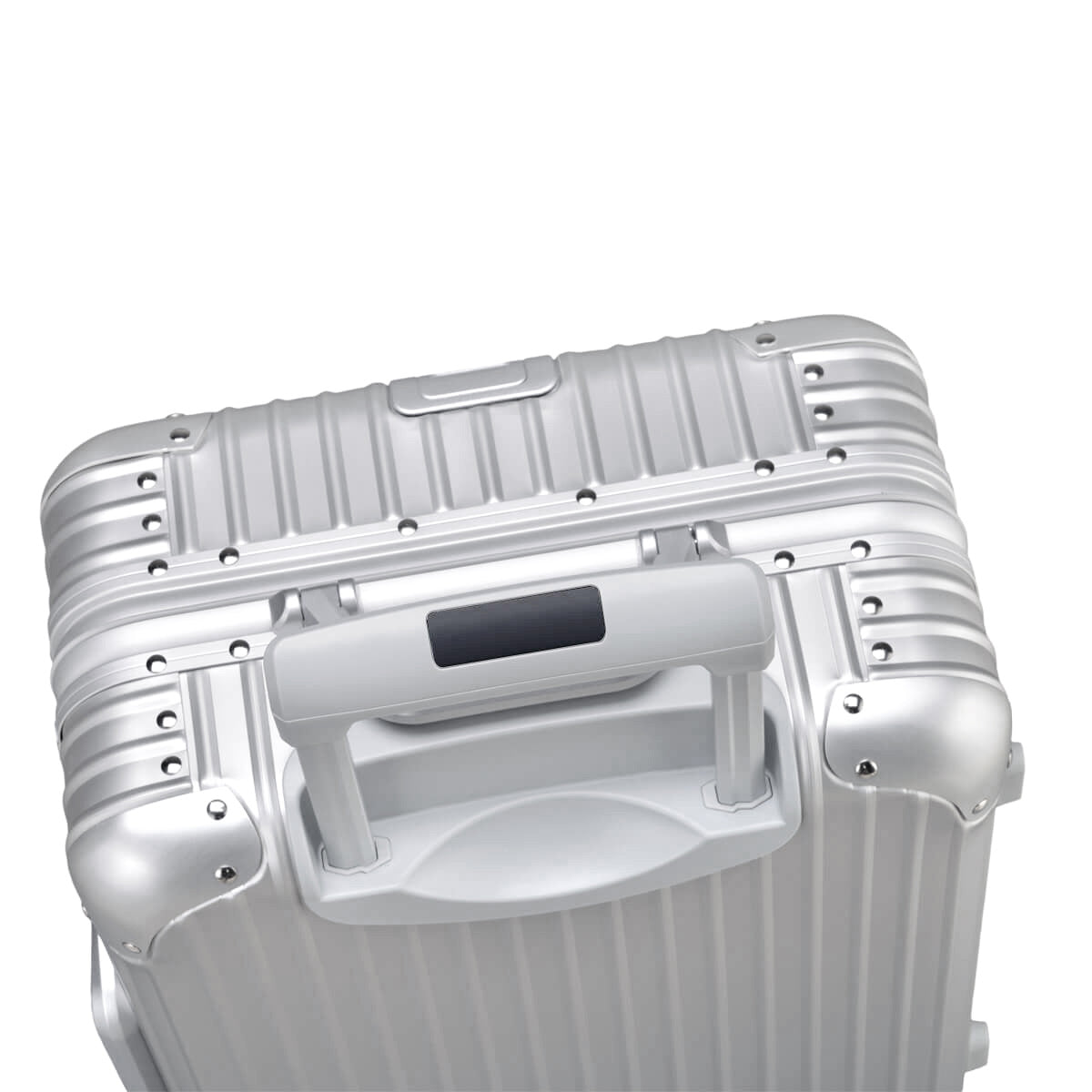 Full Aluminium Luggage With Flap Compartment Silver Top View, Handle