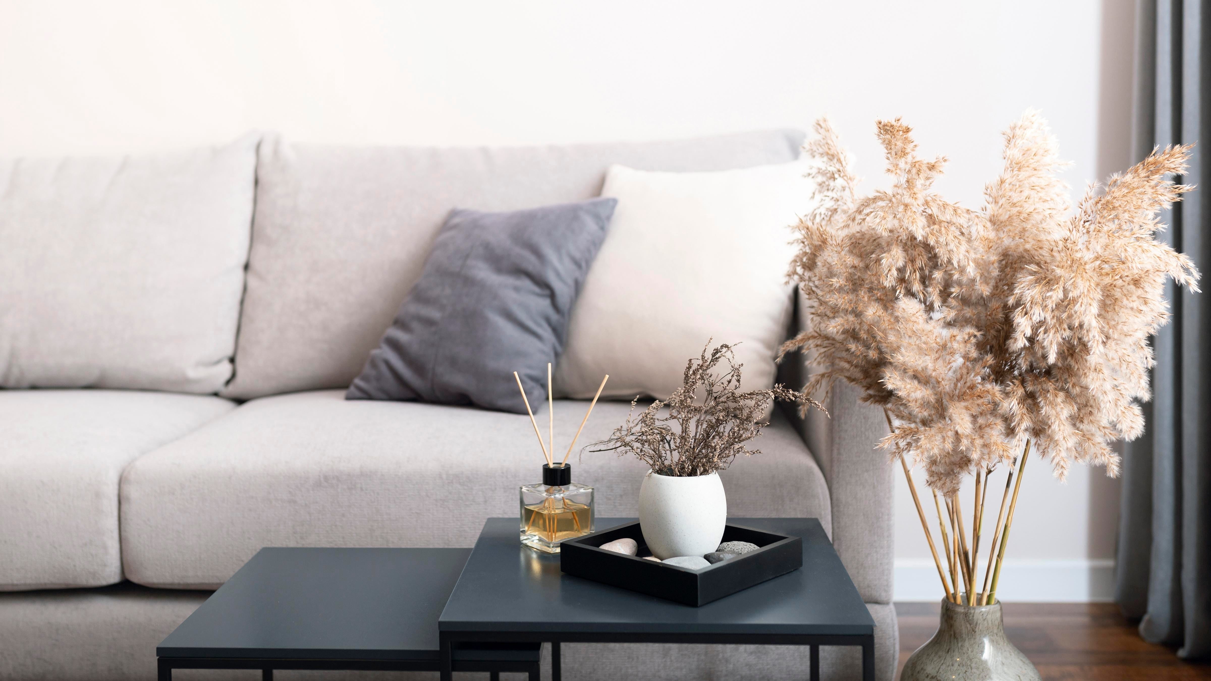 Modern living room decor featuring a grey sofa, black coffee tables, and a vase of tall pampas grass.