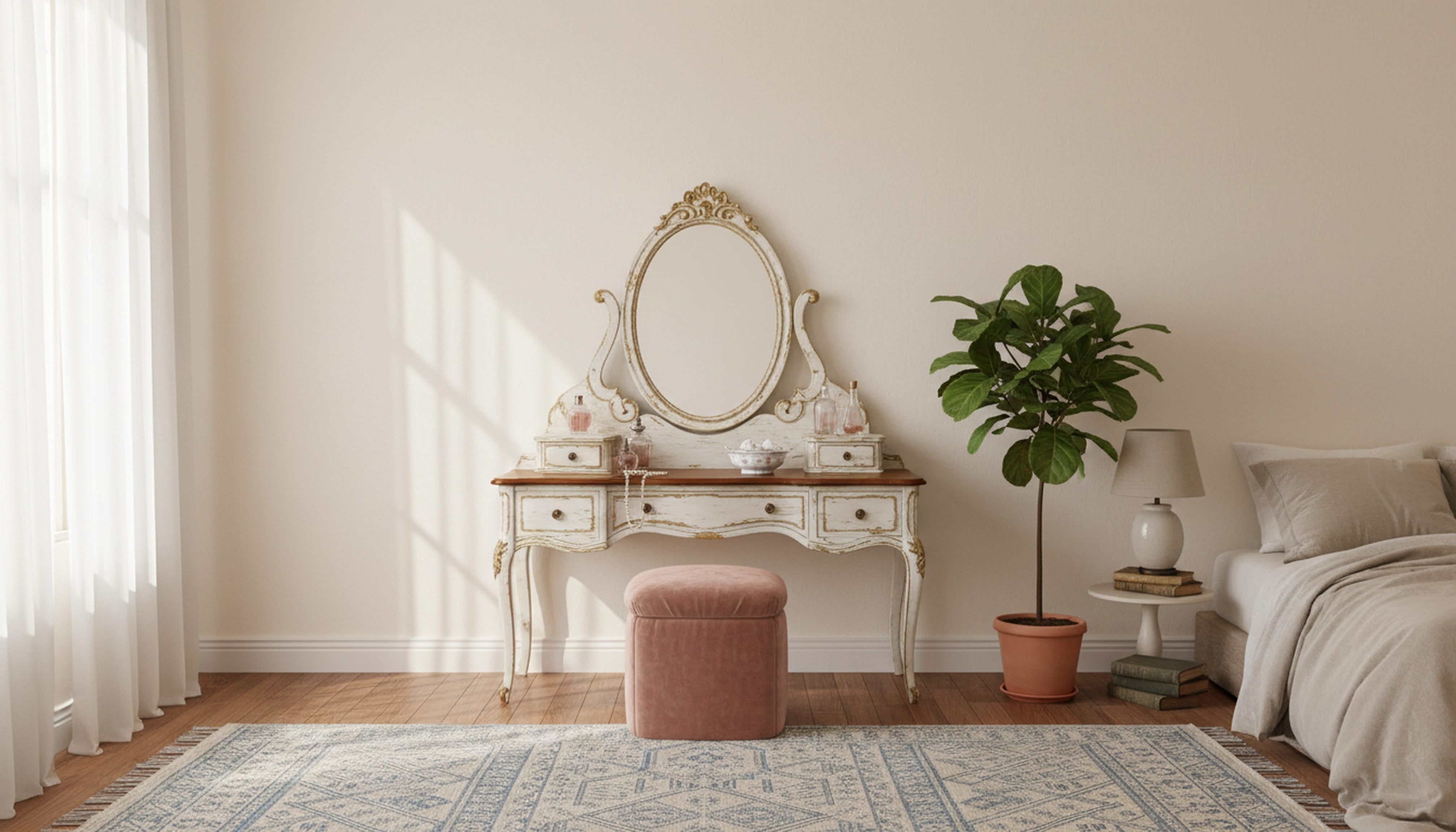 Vintage white wooden dressing table with an oval mirror and pink velvet stool in a bright, cozy bedroom.