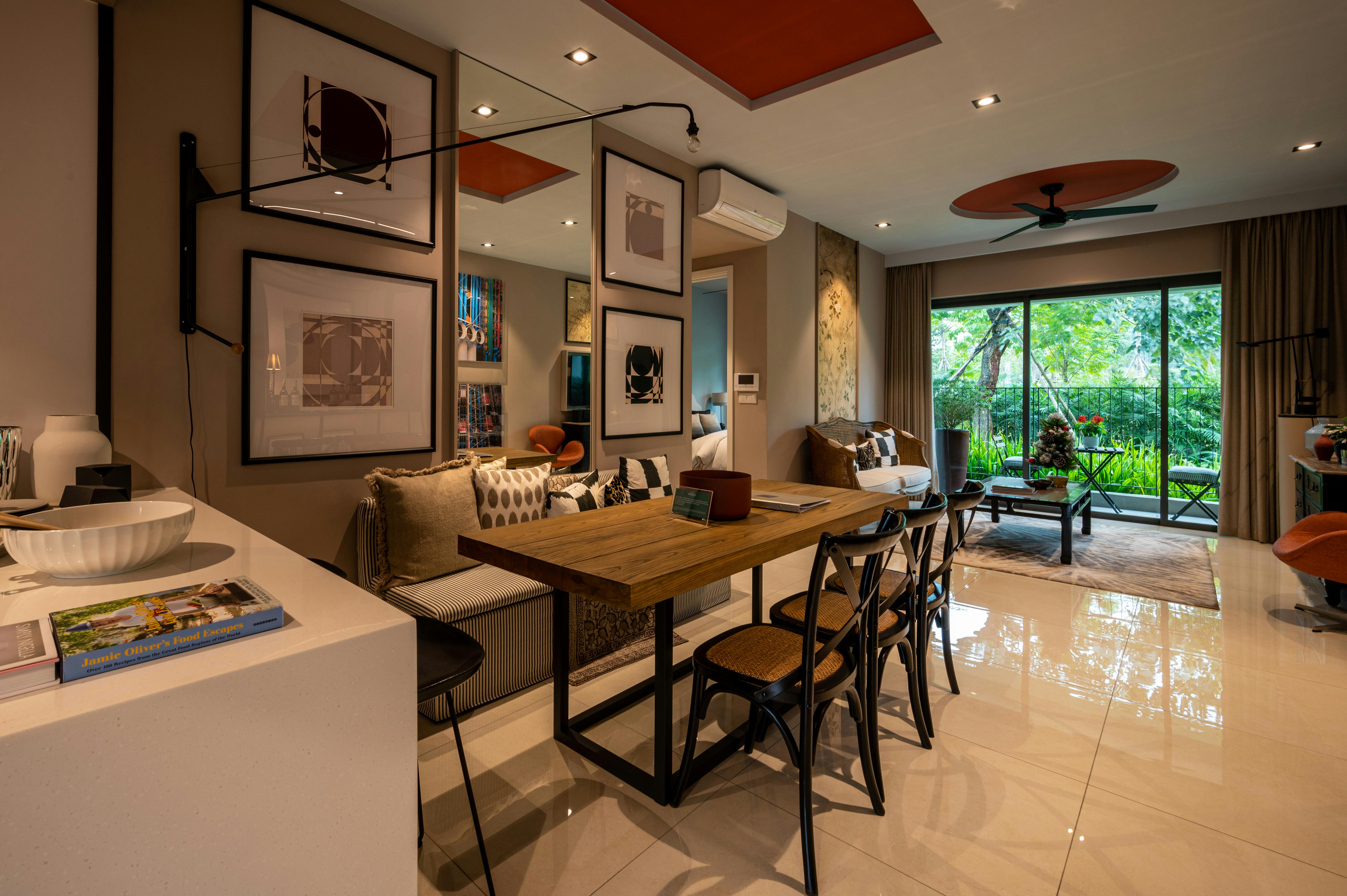 A modern wooden dining table set in a Singaporean HDB dining area