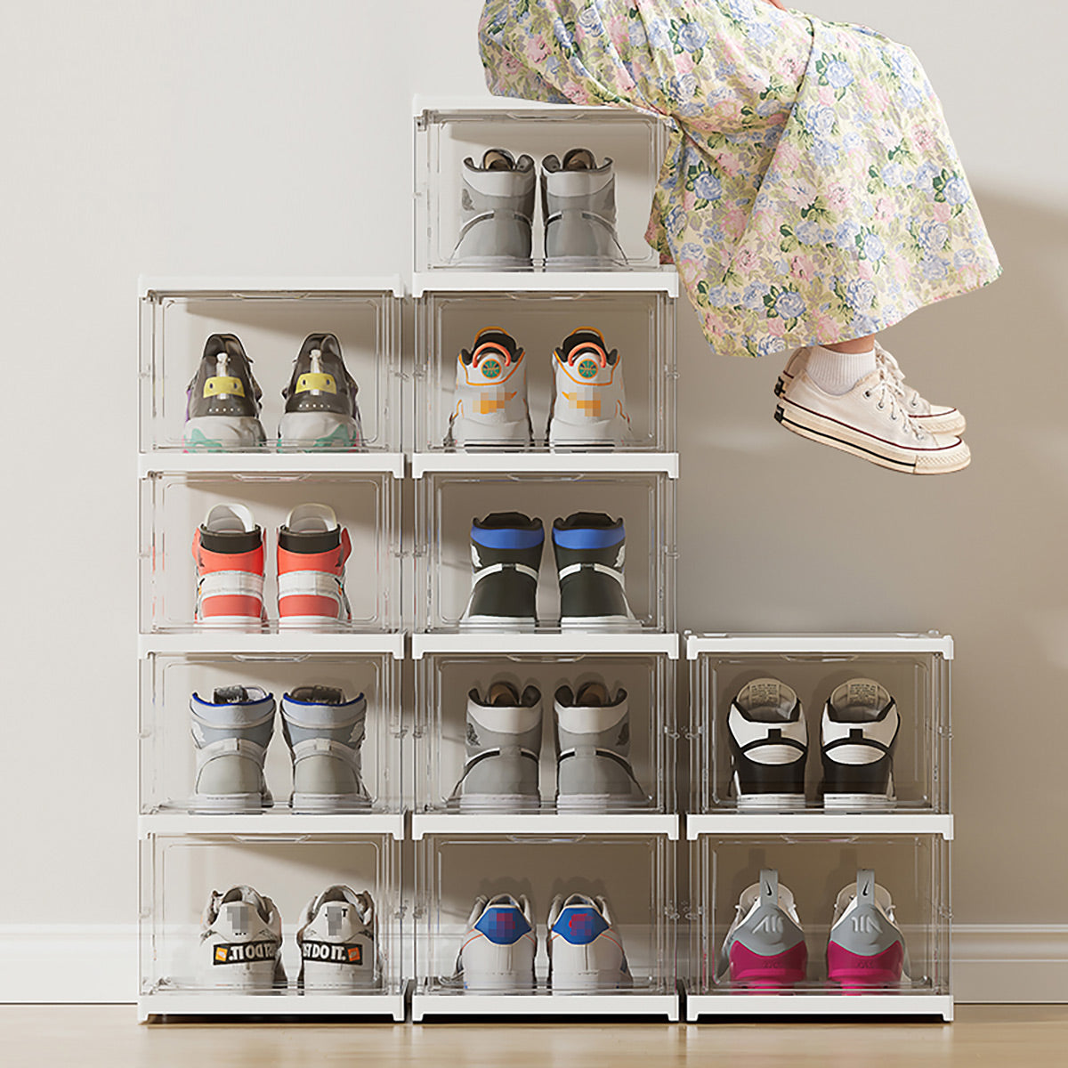 3 Layer Transparent Foldable Shoe Storage Box - IUIGA, Person Sitting On Top