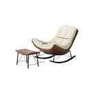 Edie rocking chair with stool in soft beige chenille fabric with a curved ergonomic frame and matching footstool, viewed from the front on a white background
