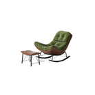 Edie rocking chair with stool in sage green chenille fabric with a curved ergonomic frame and matching footstool, viewed from the front on a white background