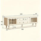 Emily TV console in white with dimensions shown, front view on white background