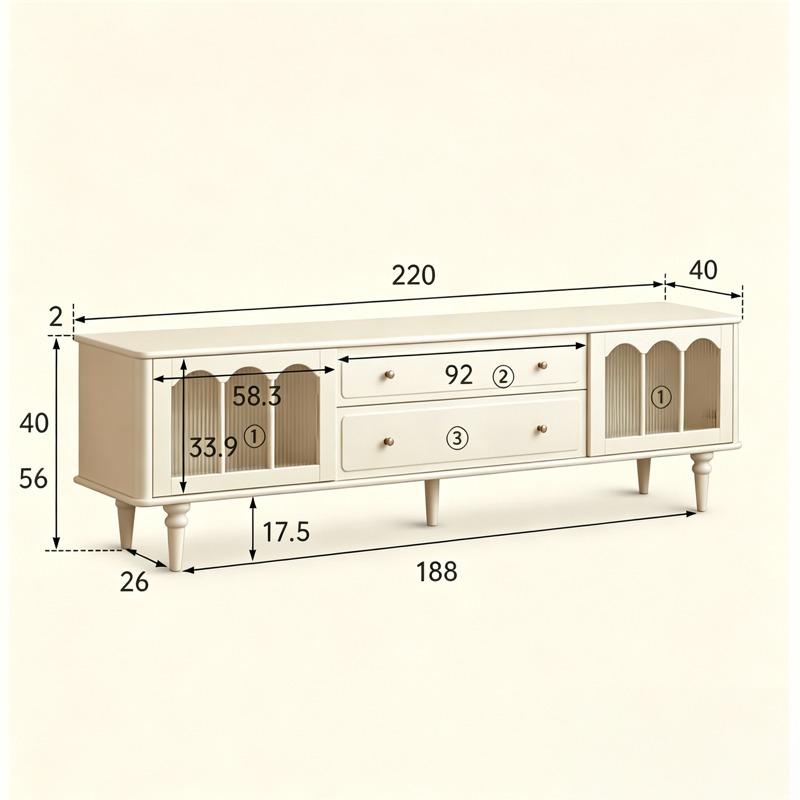 Emily TV console in white with dimensions shown, front view on white background