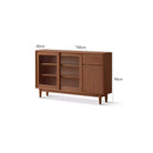 Gladys sideboard in brown oak, full cabinet view with dimensions on white background