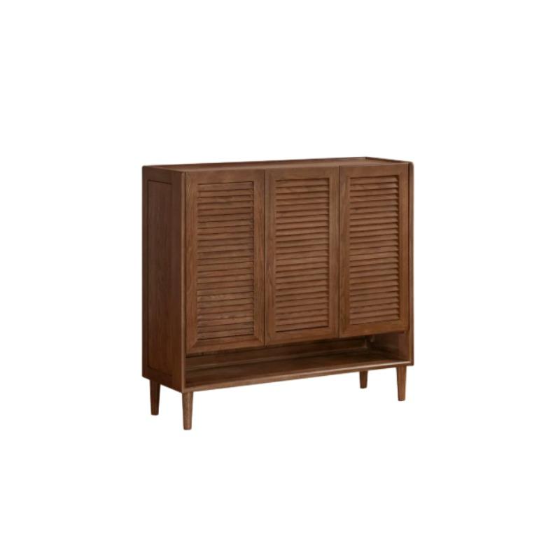 Vivian shoe rack in walnut wide version with louvred doors and open bottom shelf, front view on white background
