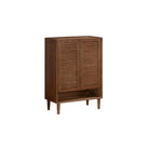 Vivian shoe rack in walnut with louvred doors and open bottom shelf, front view on white background